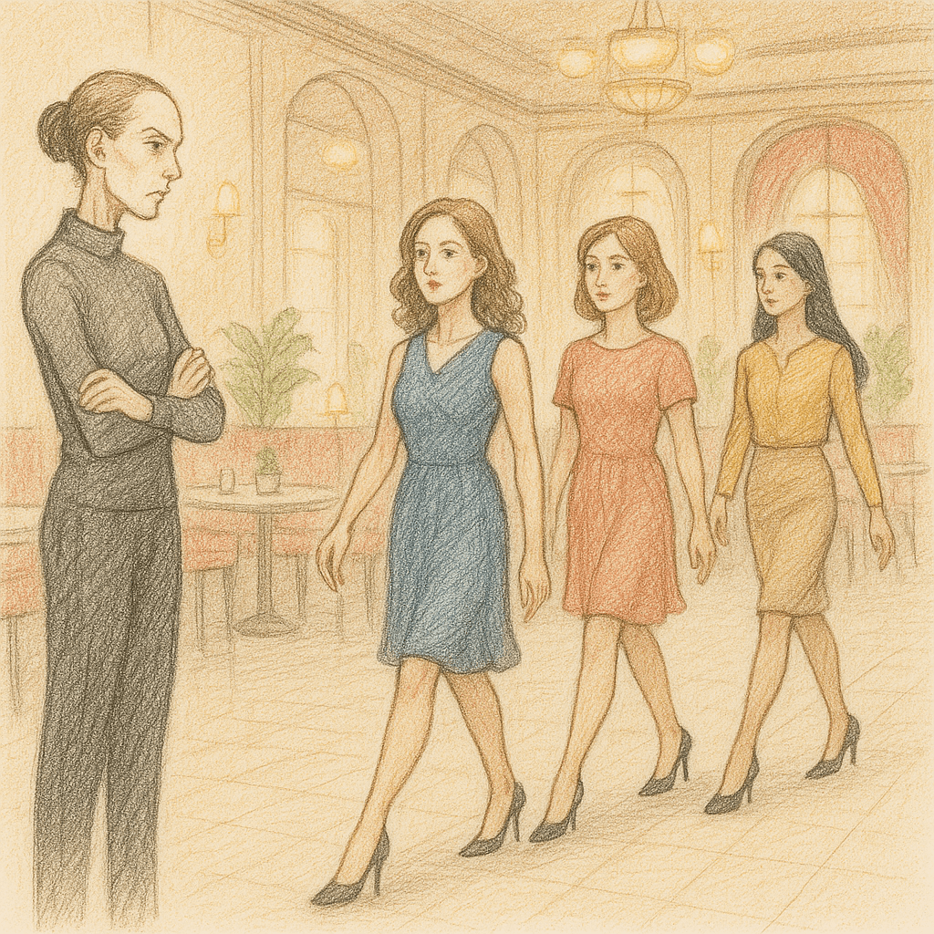 モデルのようにウォーキングの練習風景