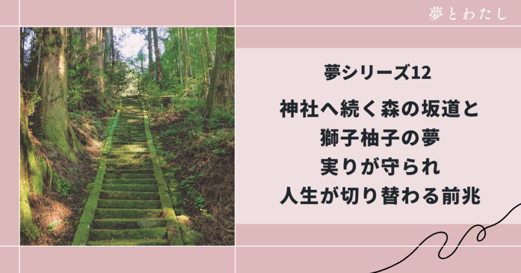 夢占いシリーズ12神社へ続く森の坂道と獅子柚子の夢実りが守られ人生が切り替わる前兆