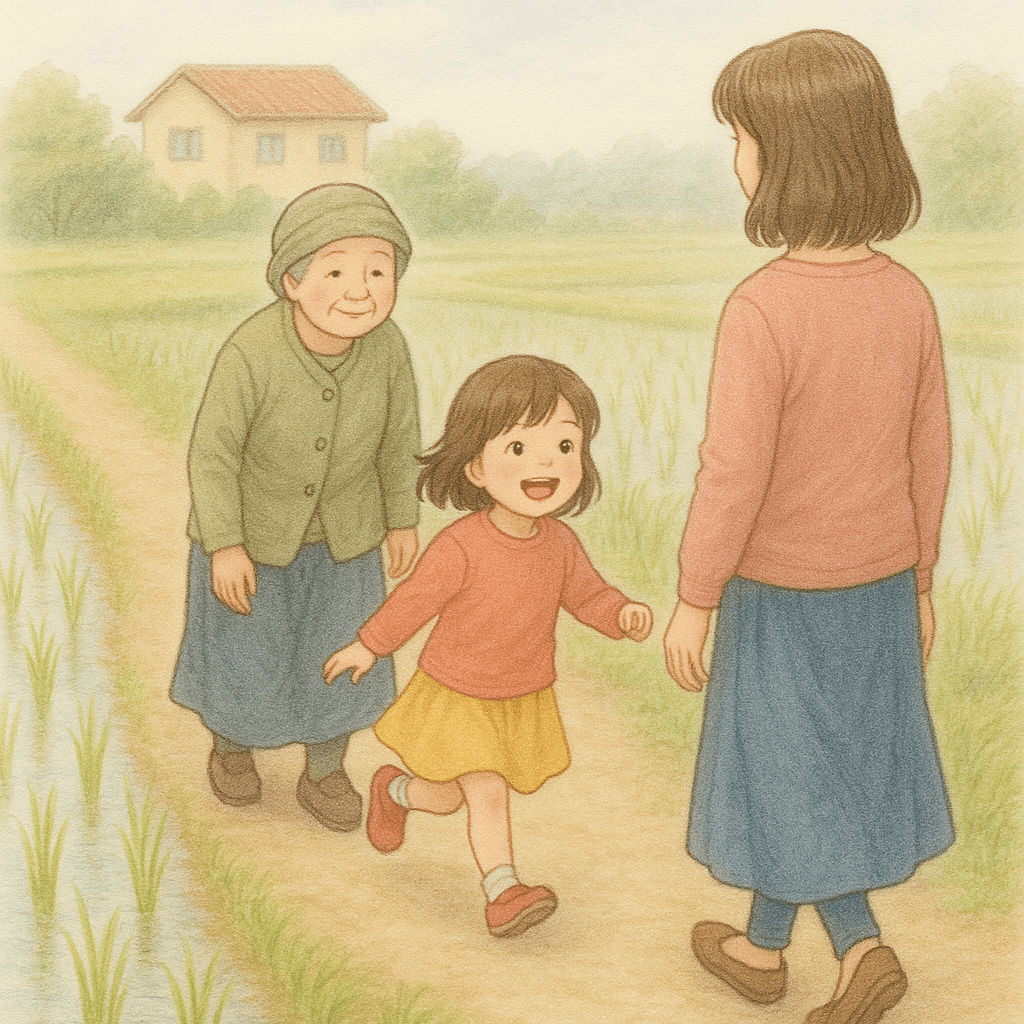田んぼのあぜ道を歩いている老婆と女の子