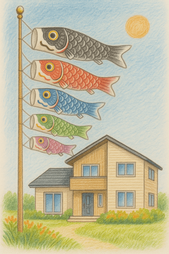 夢占いの鯉のぼりと大きなモデルハウスの画像