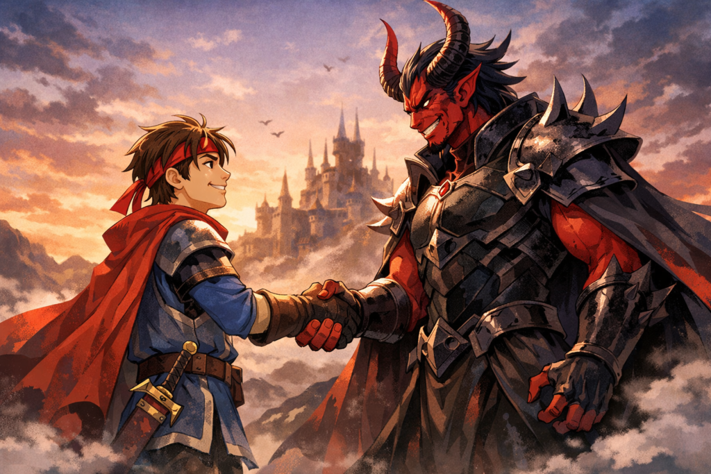 魔王と仲良く握手する勇者